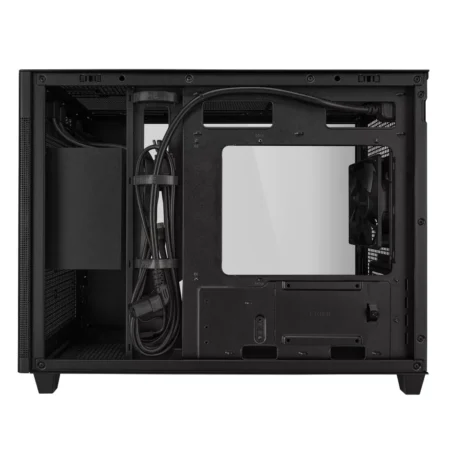 Direct side view of the ASUS Prime AP201 with the cable management panel removed, revealing the 32mm cable routing space.