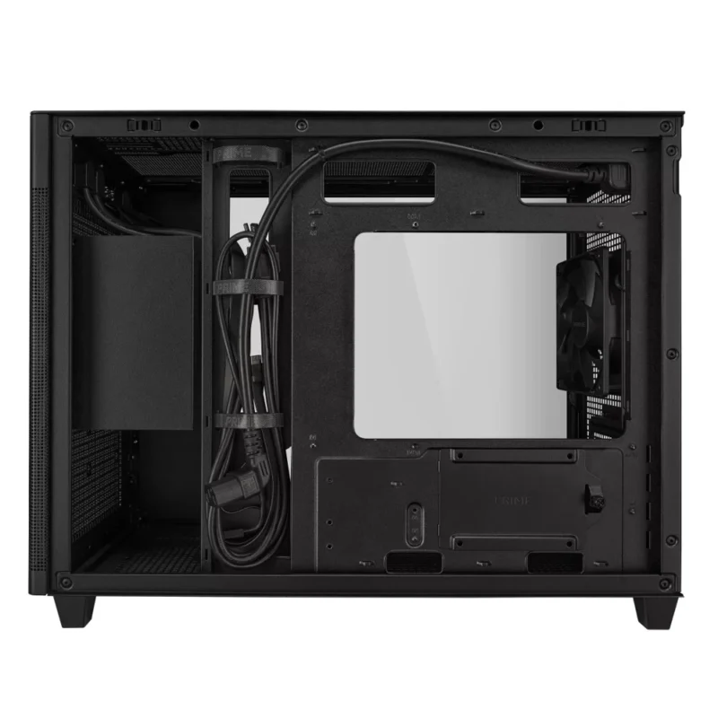 Direct side view of the ASUS Prime AP201 with the cable management panel removed, revealing the 32mm cable routing space.