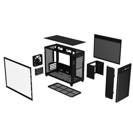 Exploded view of the ASUS Prime AP201 with all panels detached and in mid-air.