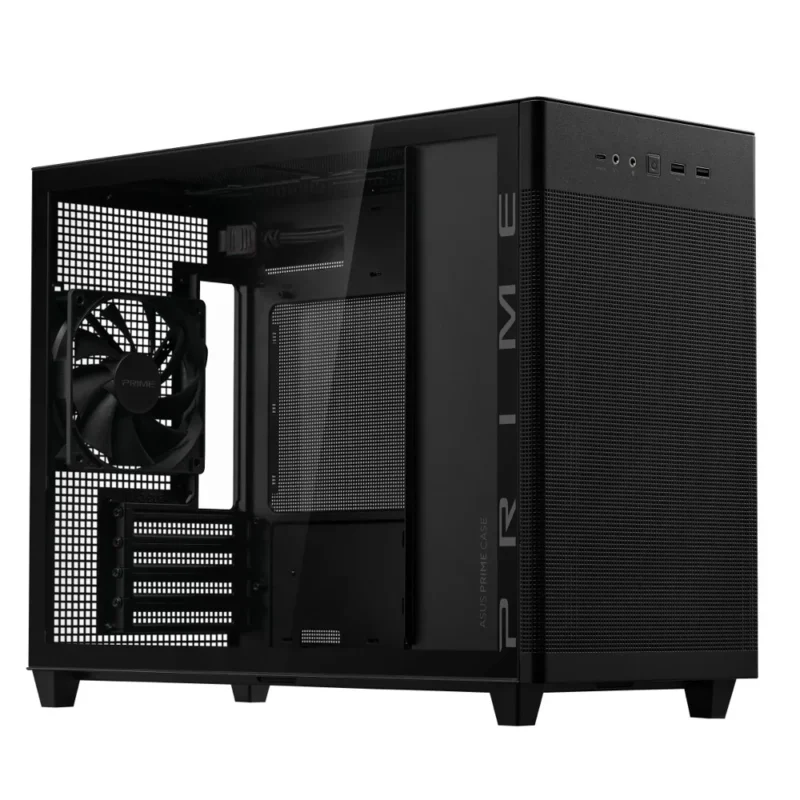 A hero shot of the black ASUS Prime AP201 Mini Tower PC Case on a clean background.
