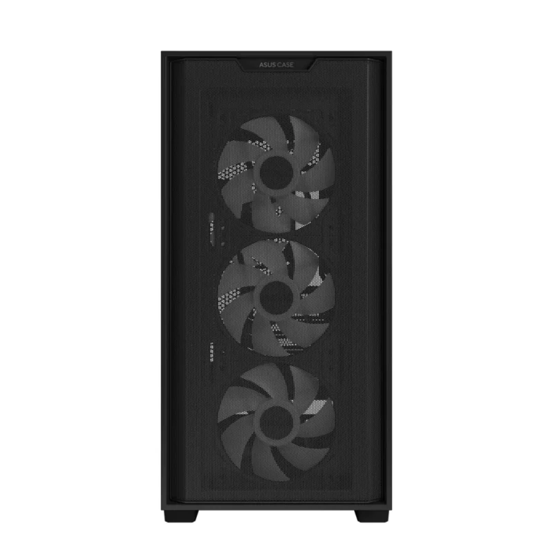 Direct front view of the ASUS A21 PLUS PC case, showing its 40% porous mesh front panel.