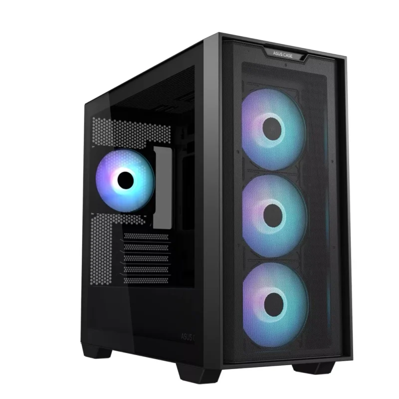 asus-90dc00h0-b19010-black-front-angle A hero shot of the black ASUS A21 PLUS Mini Tower PC Case on a clean background.