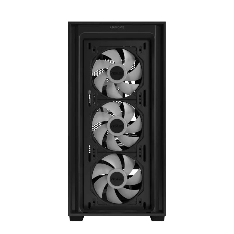 Front panel of the ASUS A21 PLUS removed, showing the dust filter and three pre-installed ARGB fans.
