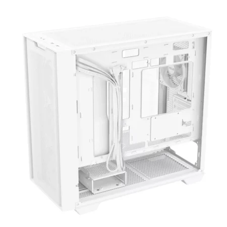 Angled interior view of the ASUS A21 PLUS with the side panel removed showing the cable management.