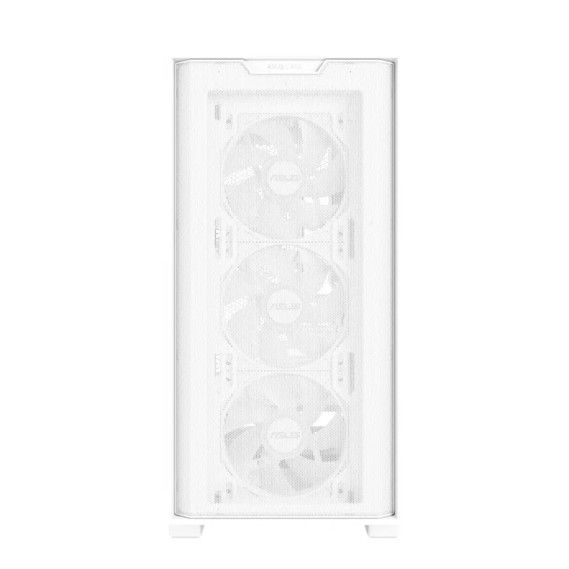 Direct front view of the ASUS A21 PLUS PC case, showing its 40% porous mesh front panel.