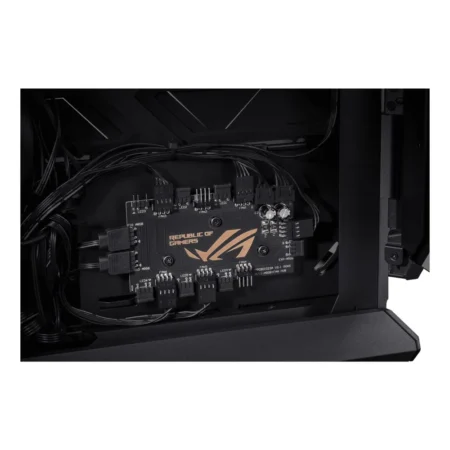 Direct front view of the ASUS ROG Hyperion GR701 PC case, with a slight upward angle showing the top panel.