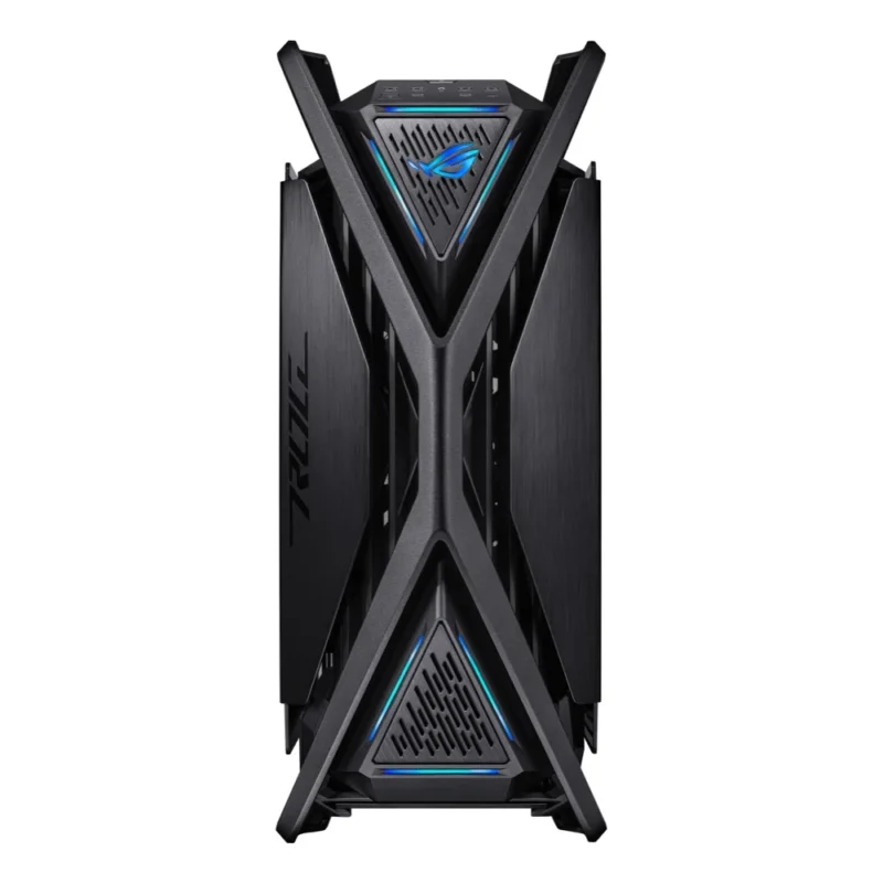 Direct front view of the ASUS ROG Hyperion GR701 PC case, showing the X-shaped frame design.