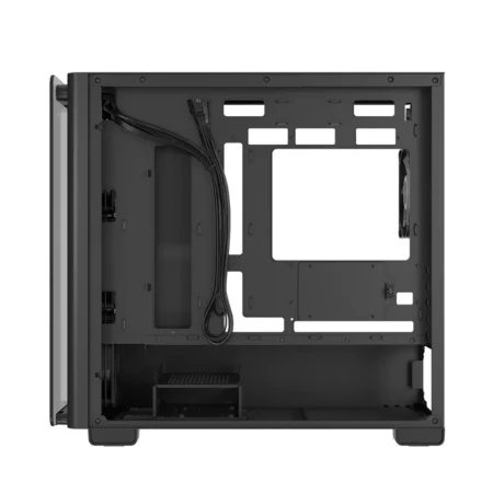 Direct side view of the ASUS A23 PLUS with the cable management panel removed, revealing the 33mm cable routing space.
