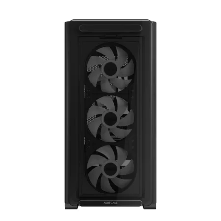 Direct front view of the ASUS A23 PLUS PC case, showing its standoff-mounted tempered glass front panel.