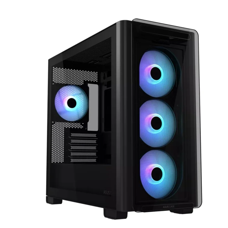 A hero shot of the black ASUS A23 PLUS Mini Tower PC Case on a clean background.