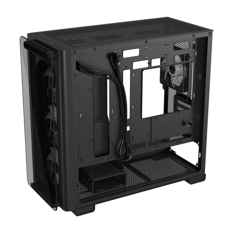 Angled side view of the ASUS A23 PLUS with the cable management panel removed, revealing the 33mm cable routing space.