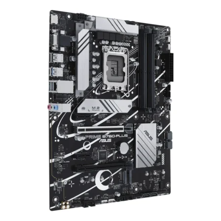 Angled view of the ASUS Prime B760-PLUS ATX motherboard, showcasing its silver heatsinks and PCIe 5.0 slot.