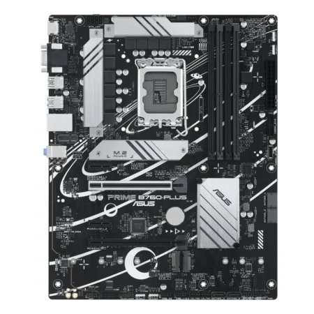 Full layout view of the ASUS Prime B760-PLUS ATX board, showing all expansion slots and heatsink placements.