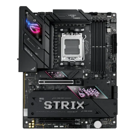 Full layout view of the ASUS ROG STRIX B850-E GAMING WIFI ATX board, showing all expansion slots and heatsink placements.
