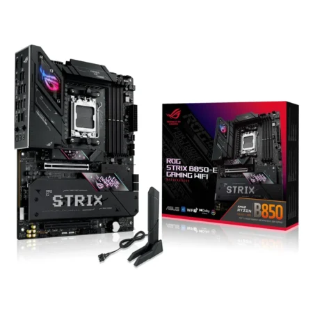 The ASUS ROG STRIX B850-E GAMING WIFI motherboard displayed next to its retail box.