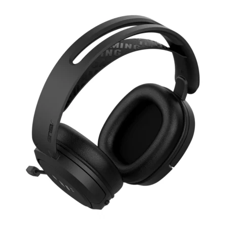 A three-quarter hero shot of the ASUS TUF Gaming H1 Wireless gaming headset from above.