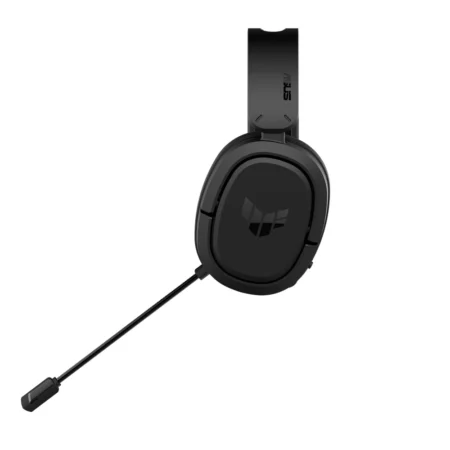 A direct side view of the left earcup of the ASUS TUF Gaming H1 Wireless, showing the microphone in its deployed position