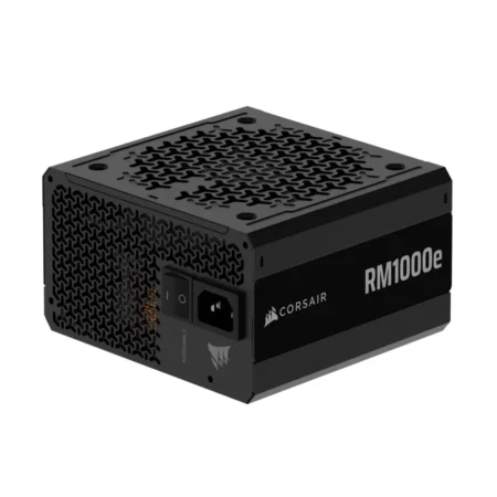 Top-down angle of the CORSAIR RM1000e PSU, highlighting the fan grille and rear power switch.