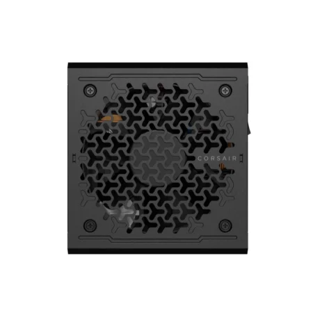 A direct overhead shot of the CORSAIR RM1000e focusing on the 120mm rifle bearing fan