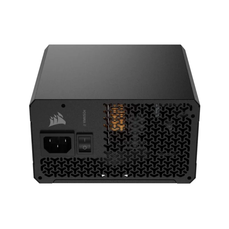 An angled shot of the CORSAIR RM650e focusing on the AC input.