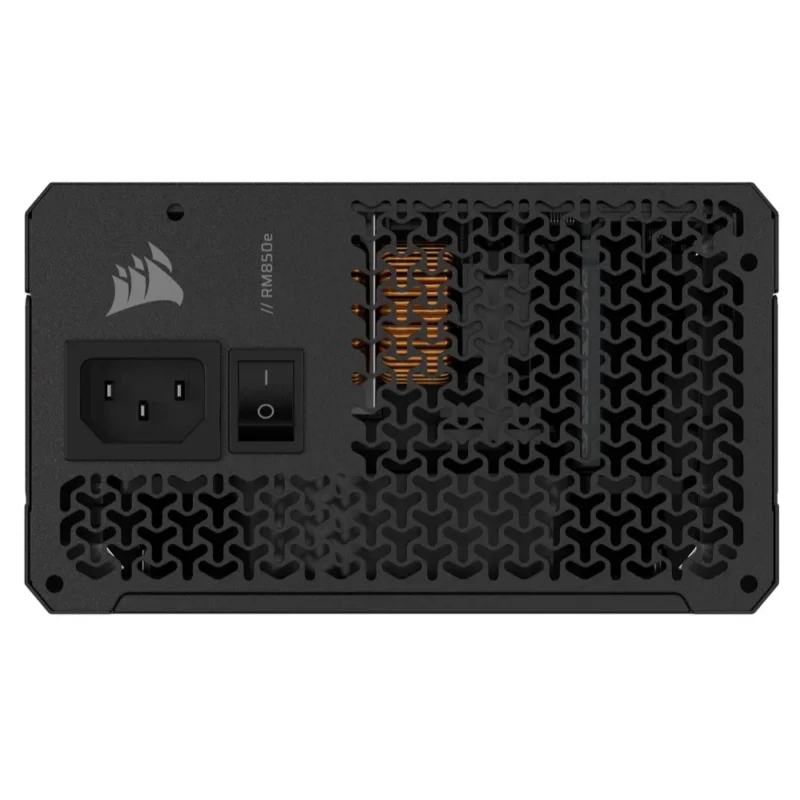 Rear panel of the CORSAIR RM850e 850W PSU, detailing the AC power input and on/off switch.