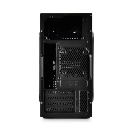 Direct rear view of the DeepCool SMARTER PC case showing its expansion slots and top-mounted PSU cutout.