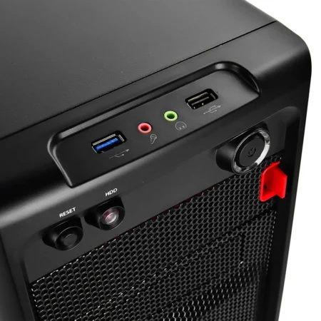 Close-up view of the top I/O panel on the DeepCool SMARTER.