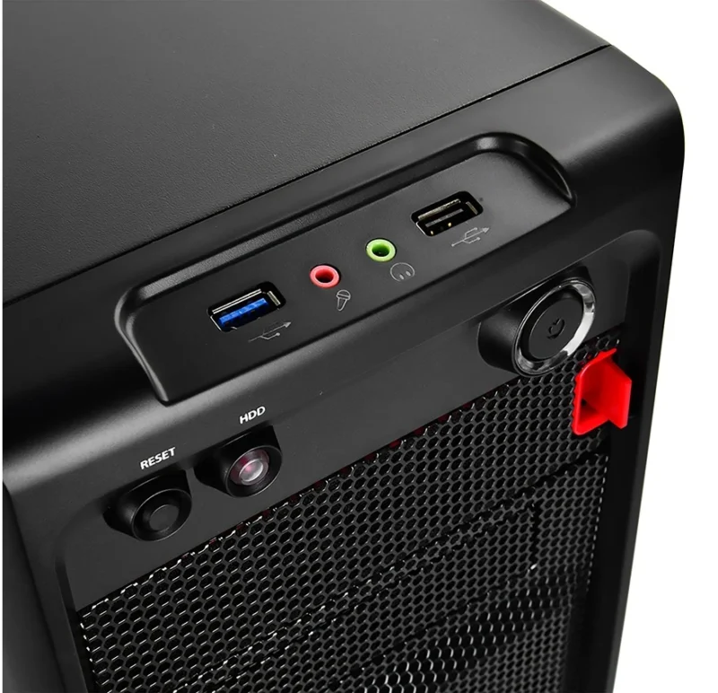 Close-up view of the top I/O panel on the DeepCool SMARTER.