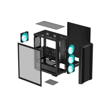Exploded view of the DeepCool CC560 V2 with all panels detached and in mid-air.