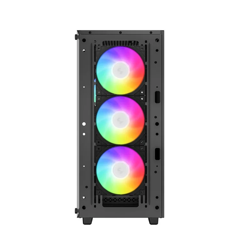 Front panel of the DeepCool CC560 ARGB V2 removed, showing the three pre-installed ARGB fans.