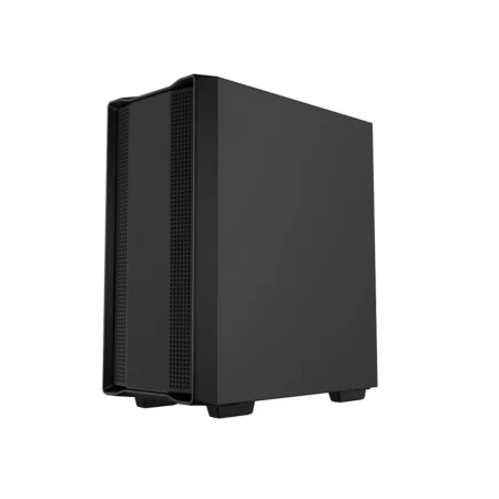 High-angled view of the DeepCool CC560 ARGB V2 showing the front, top, and solid cable side panels.