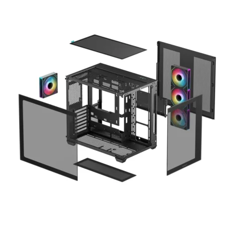 Exploded view of the DeepCool CG530 4F with all panels detached and in mid-air.