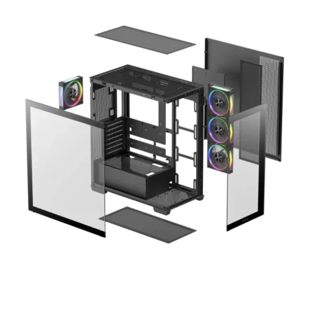 Exploded view of the DeepCool CG580 4F V2 with all panels detached and in mid-air.