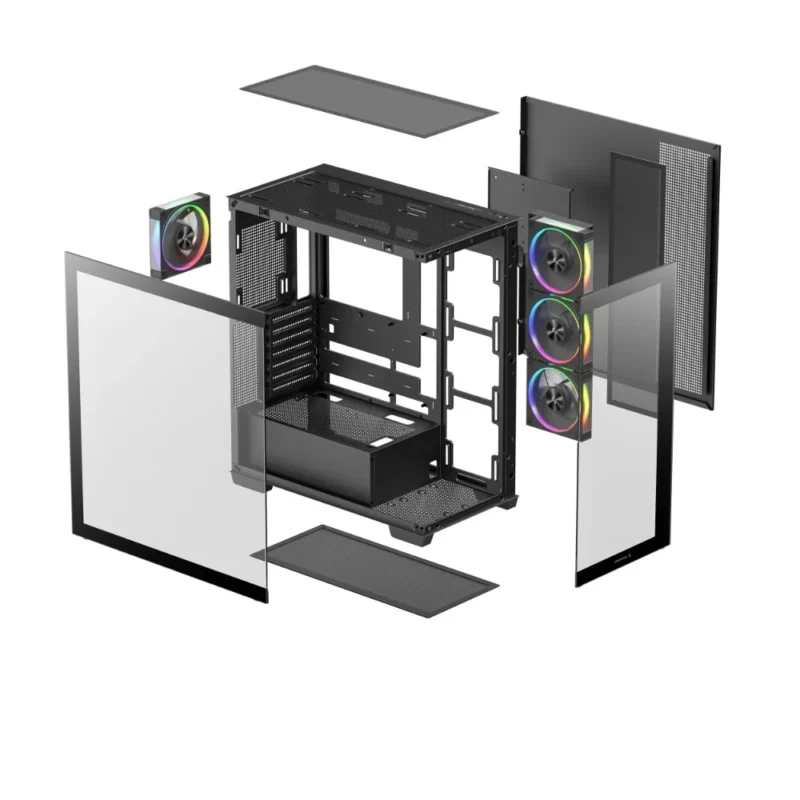 Exploded view of the DeepCool CG580 4F V2 with all panels detached and in mid-air.