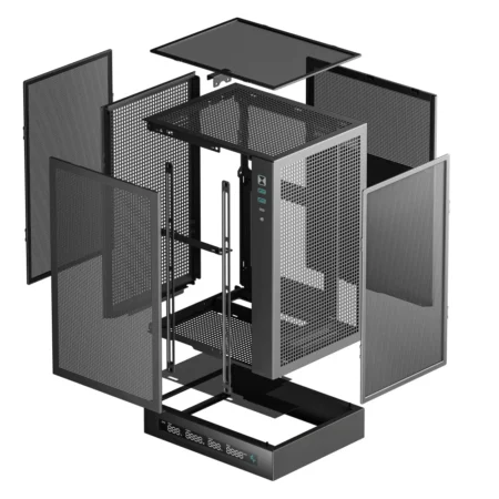 Exploded view of the DeepCool CH170 DIGITAL with all panels detached and in mid-air.