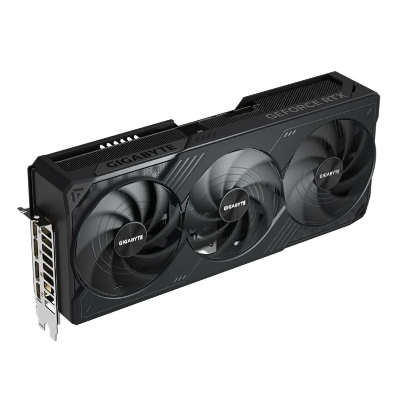 GIGABYTE GeForce RTX 5090 WINDFORCE OC 32GB at an angle, displaying the fans, PCIe connector, and reinforced metal backplate.