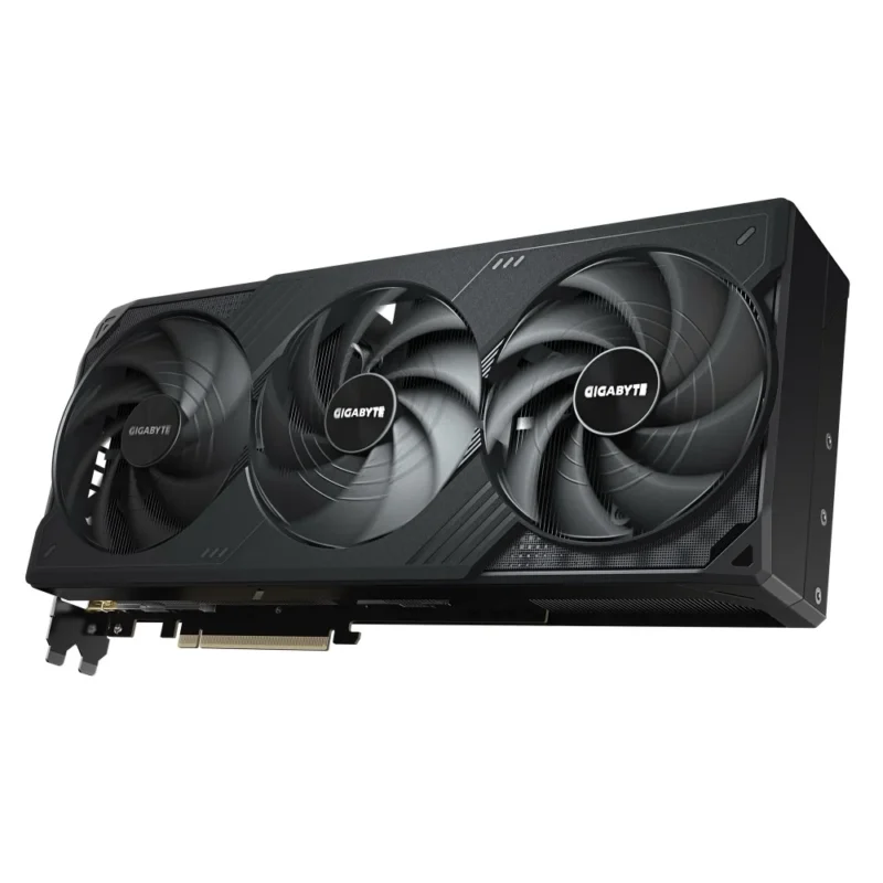 GIGABYTE GeForce RTX 5090 WINDFORCE OC 32GB in a dynamic angle shot showing the complete WINDFORCE cooling assembly.