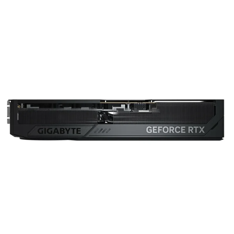 GIGABYTE GeForce RTX 5090 WINDFORCE OC 32GB positioned upright to display the side branding, fans, and backplate.
