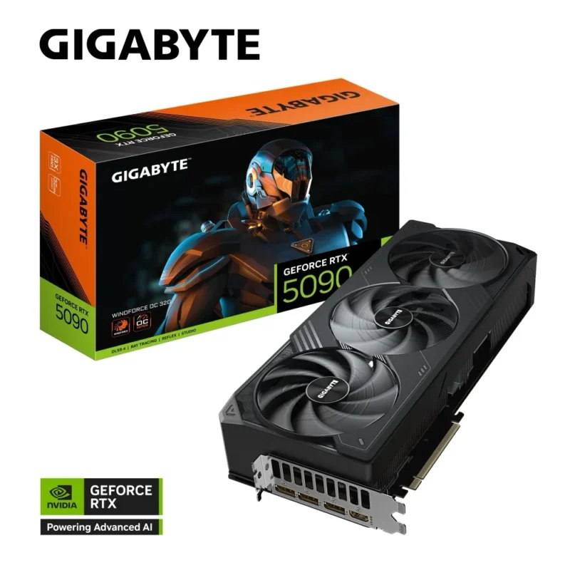 gigabyte-rtx-5090-windforce-oc-32gb-with-box GIGABYTE GeForce RTX 5090 WINDFORCE OC 32GB shown next to its official retail box.