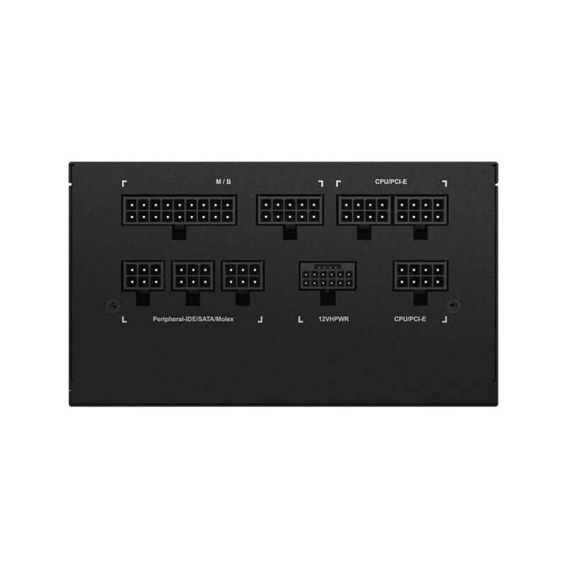 A direct view of the GIGABYTE UD750GM PG5's fully-modular interface, including the 12VHPWR port.