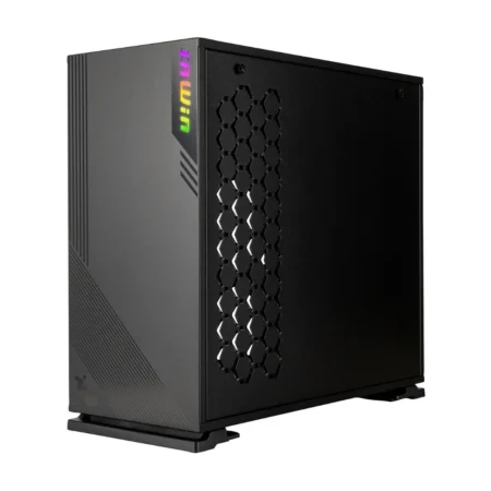 Angled view of the InWin 103, showing the front panel and the solid cable management side panel.