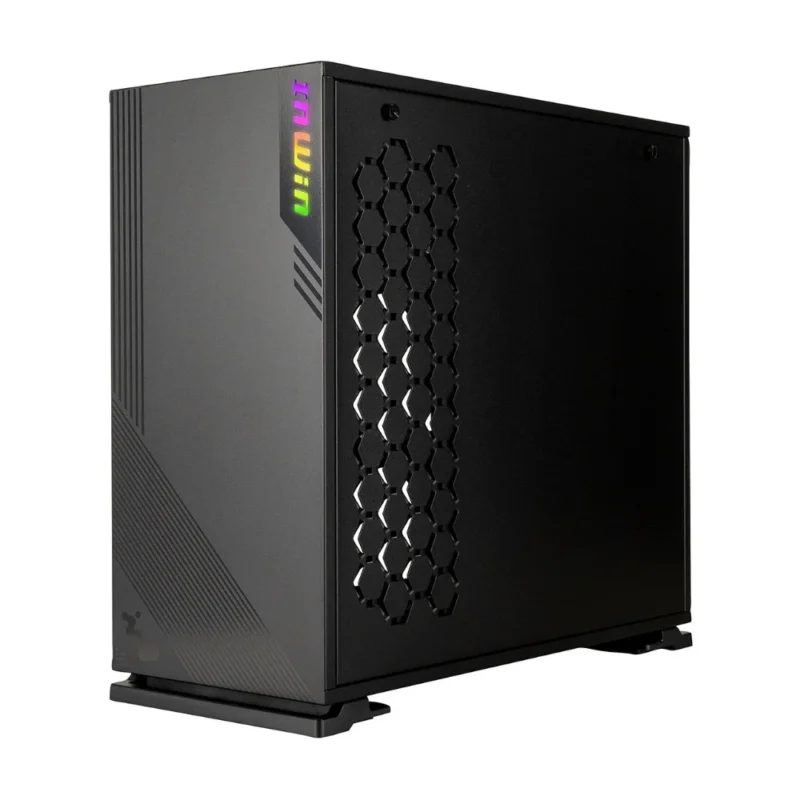 Angled view of the InWin 103, showing the front panel and the solid cable management side panel.