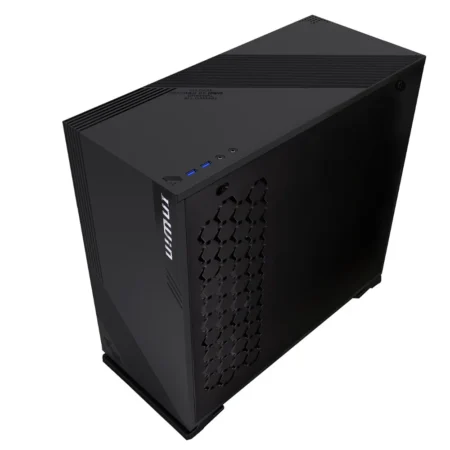 High-angled view of the InWin 103 showing the front, top, and solid cable side panels.