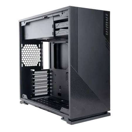 Angled interior view of the InWin 103 with the side panel removed, showing the exhaust fan and motherboard mounts.