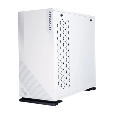 Angled view of the InWin 103, showing the front panel and the solid cable management side panel.