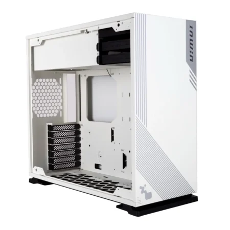 Angled interior view of the InWin 103 with the side panel removed, showing the exhaust fan and motherboard mounts.