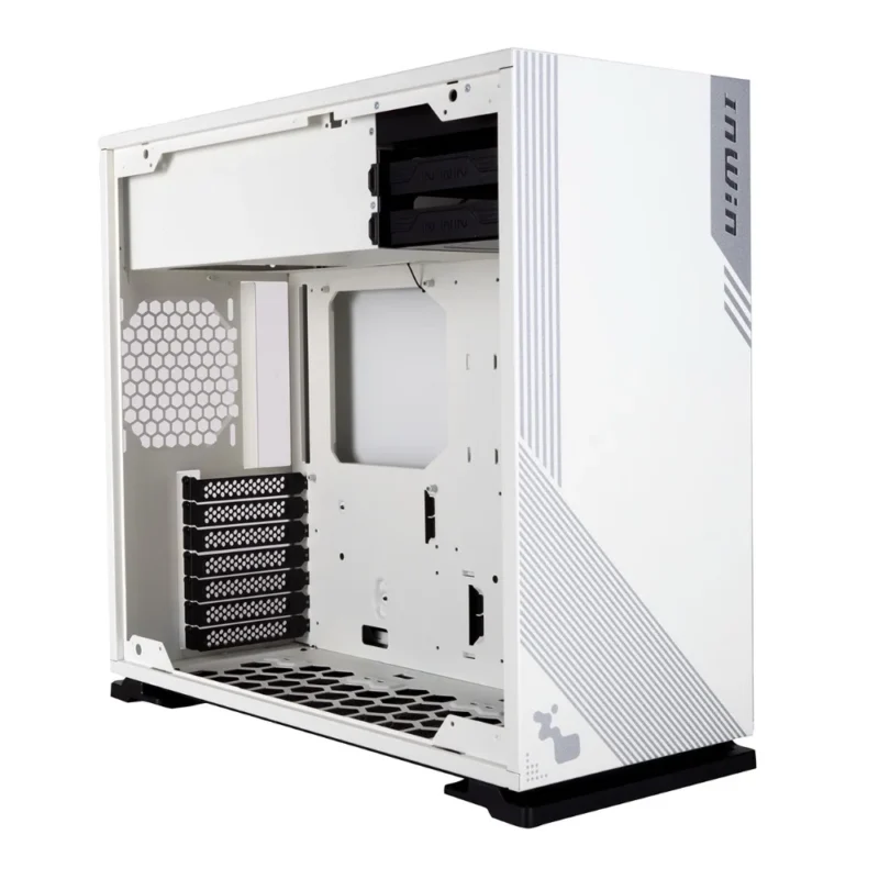 Angled interior view of the InWin 103 with the side panel removed, showing the exhaust fan and motherboard mounts.
