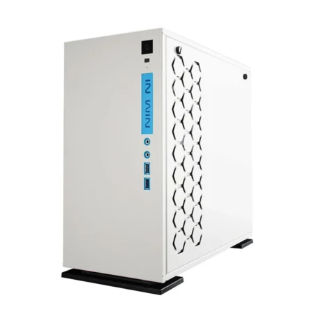Angled view of the InWin 301, showing the front panel and the solid cable management side panel.