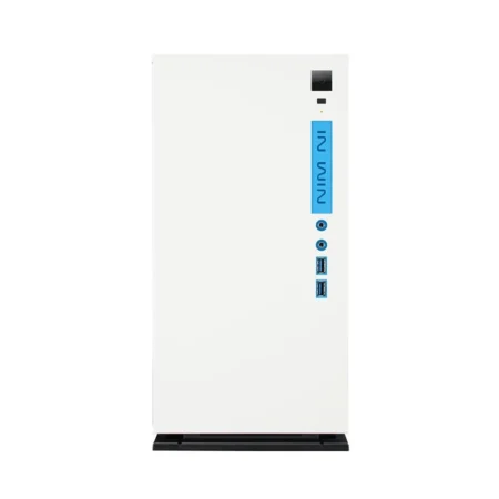Direct front view of the InWin 301 PC case with its luminescent I/O panel.