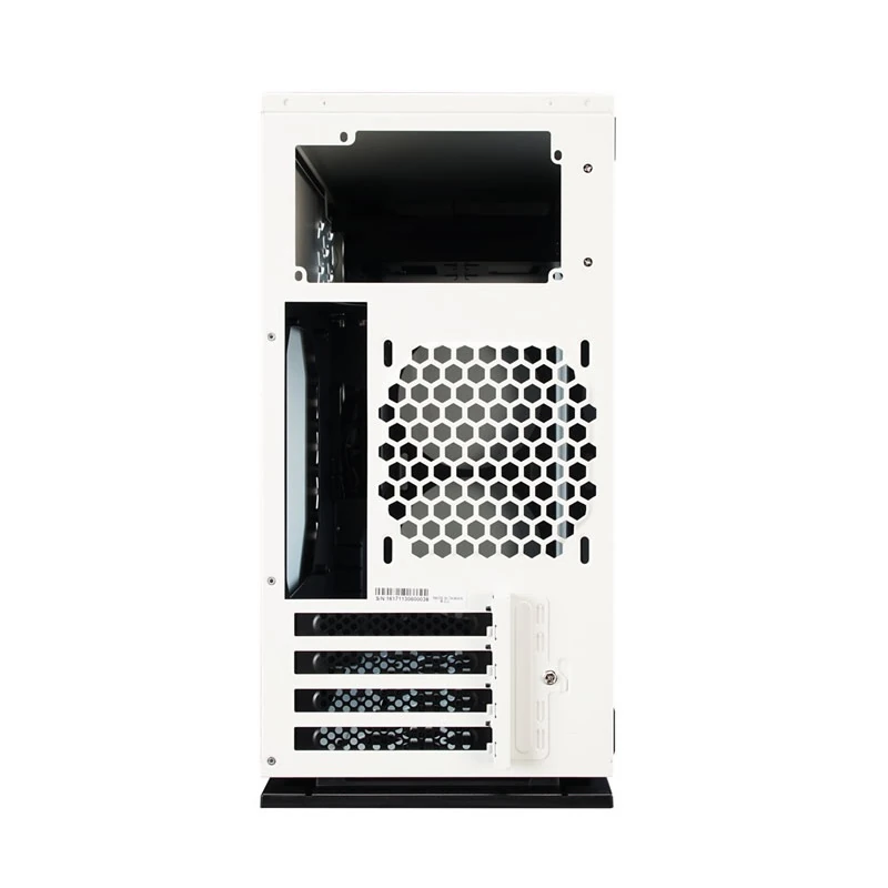 Direct rear view of the InWin 301 PC case showing its expansion slots and top-mounted PSU chamber.